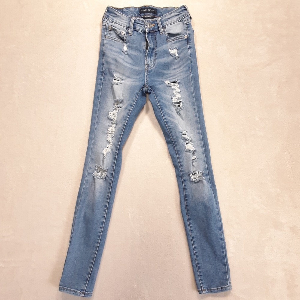 Aeropostale Womans Super High Rise Jeggings 0 Regular Blue 27" Inseam Distressed